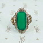Green onyx in silver with gold flower sides 1930's ring