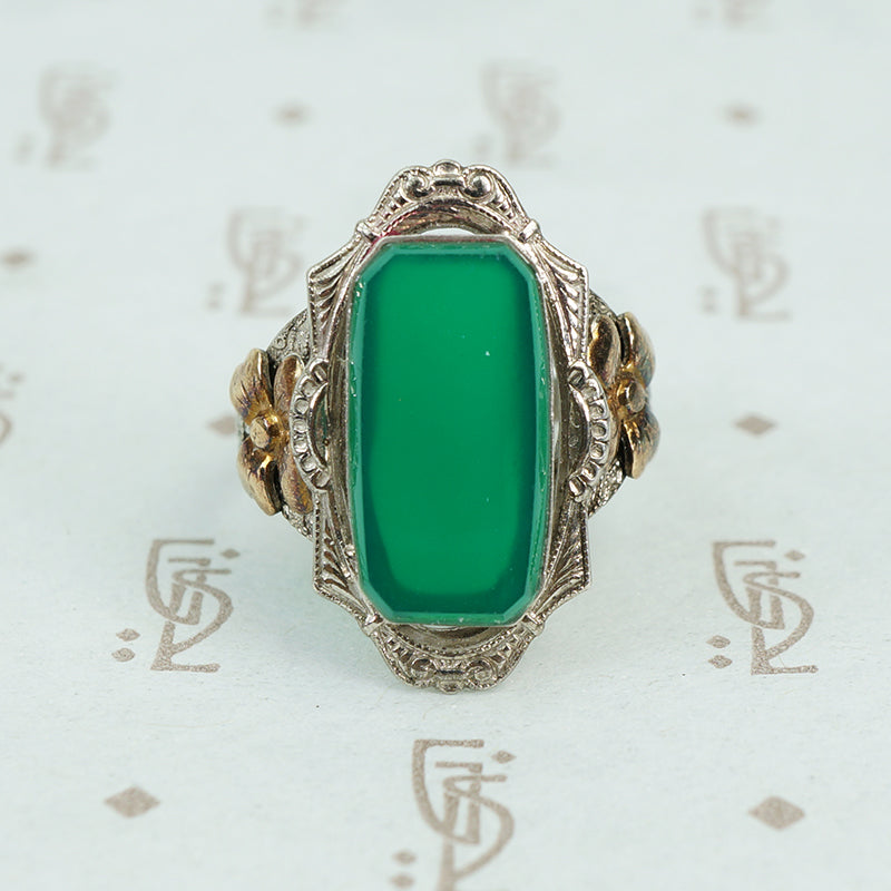 Green onyx in silver with gold flower sides 1930's ring