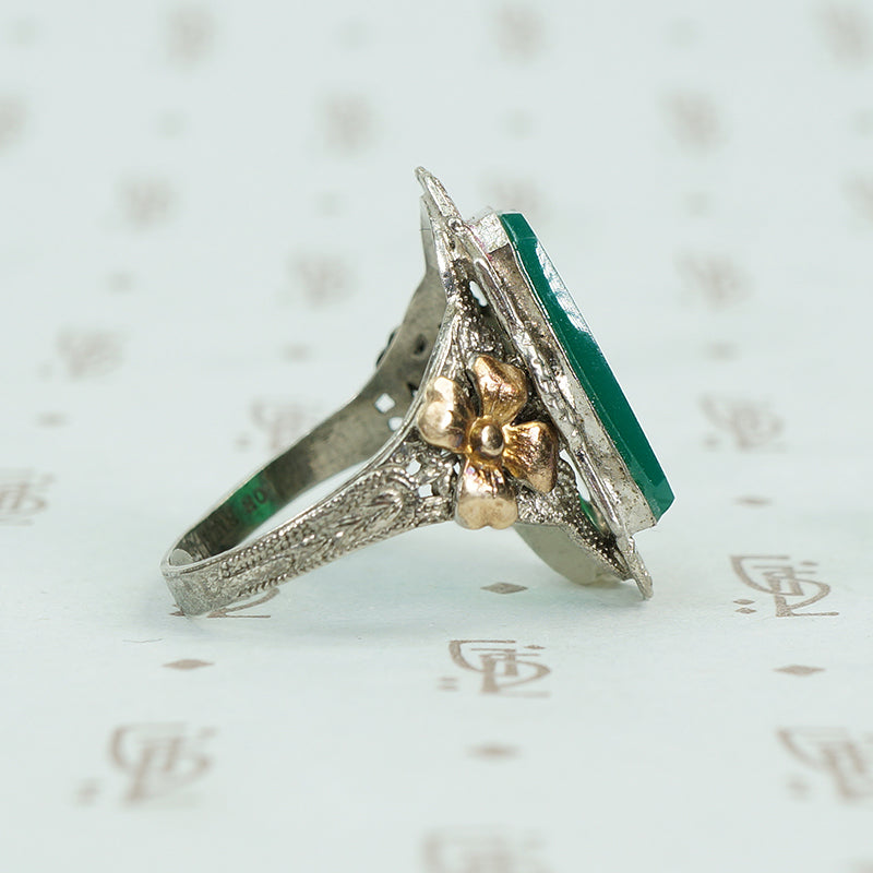 Green onyx in silver with gold flower sides 1930's ring flower detail