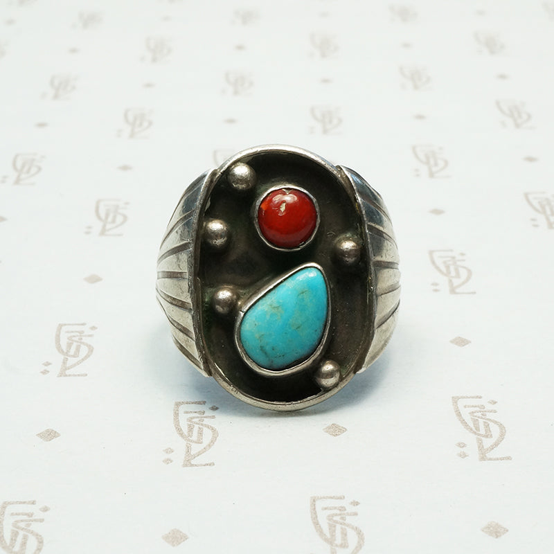 southwest american sterlng turquoise and coral ring circa 1970-80