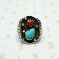 southwest american sterlng turquoise and coral ring circa 1970-80