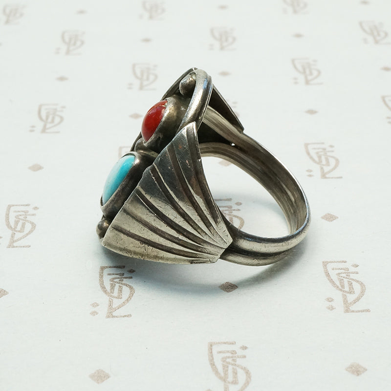 Chunky 1970s Silver Turquoise and Organic Red Gem Ring
