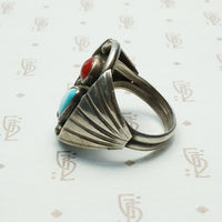 Chunky 1970s Silver Turquoise and Organic Red Gem Ring