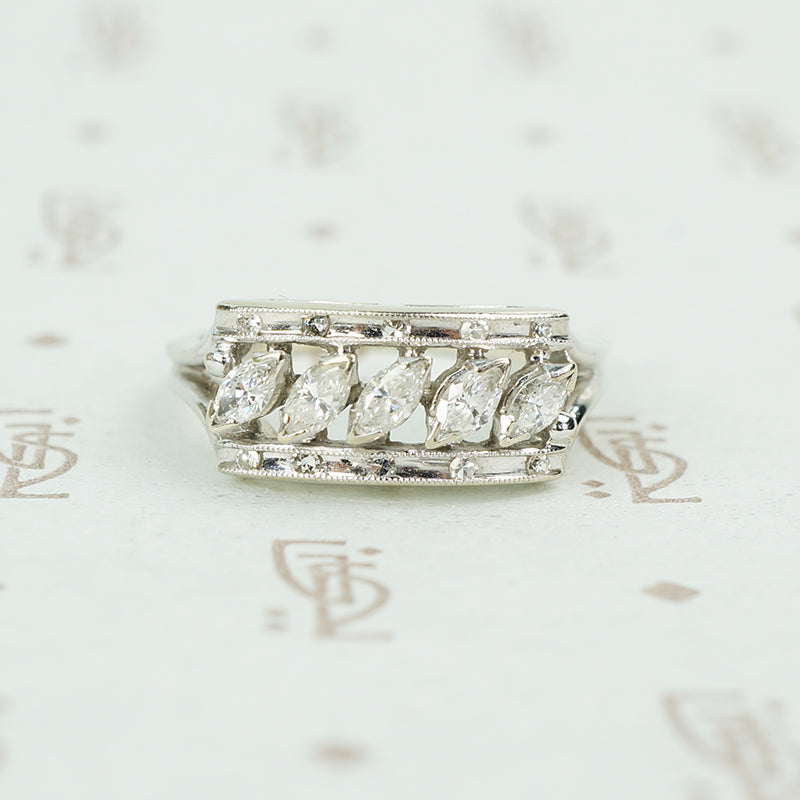 slanted marquis diamonds in white gold wide band 1950's