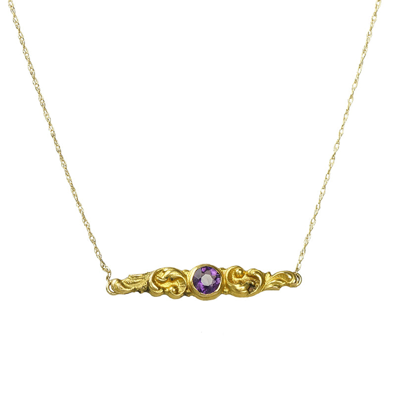 Petite Art Nouveau Gold Necklace with Amethyst - Gem Set Love