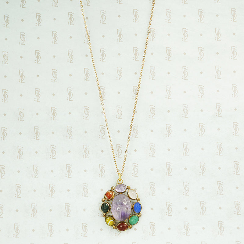 vintage 1950's gemstone scarab pendant in gold filled metal