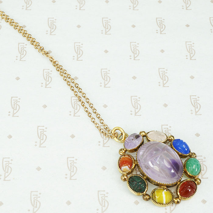 vintage 1950's gemstone scarab pendant in gold filled metal