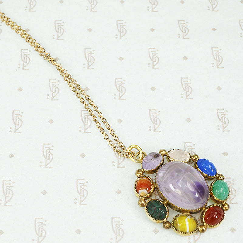 vintage 1950's gemstone scarab pendant in gold filled metal