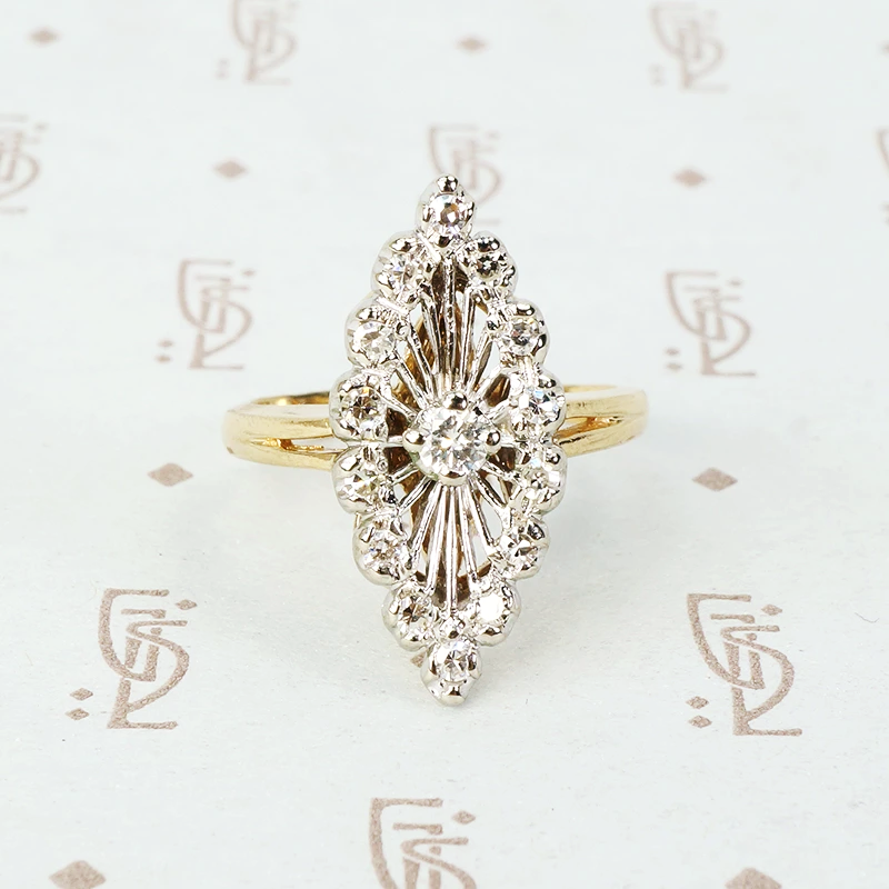 2 tone 14k spoked diamond marquis shaped ring