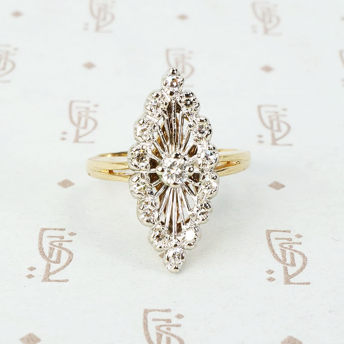 2 tone 14k spoked diamond marquis shaped ring