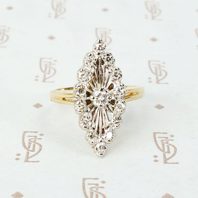 2 tone 14k spoked diamond marquis shaped ring