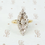 2 tone 14k spoked diamond marquis shaped ring