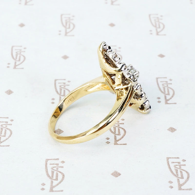 2 tone 14k spoked diamond marquis shaped ring