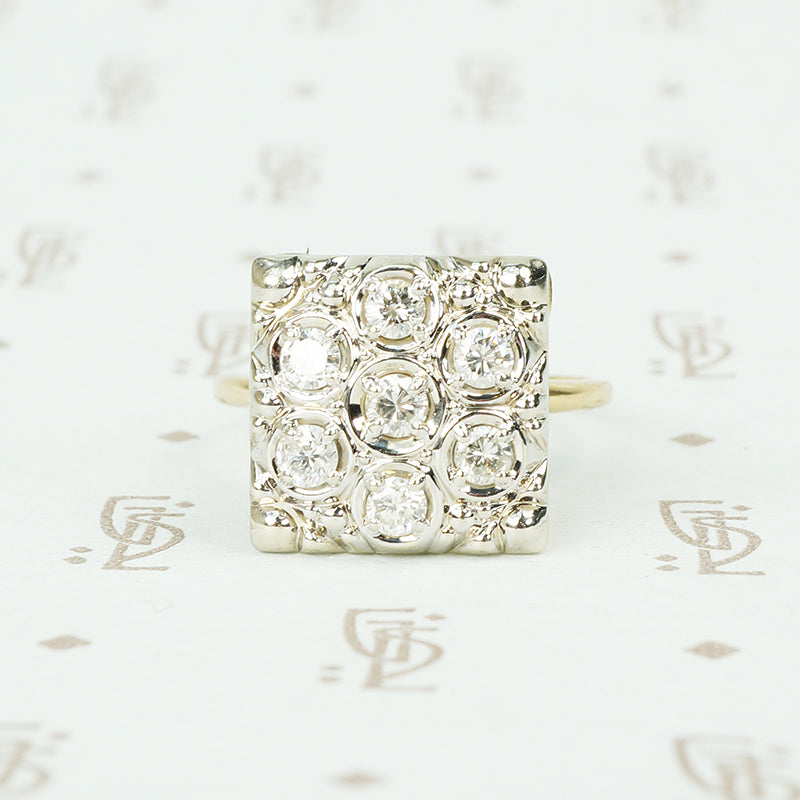 2 tone 14k gold square vintage ring set with round diamonds