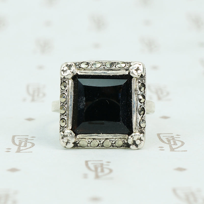 1920's square onyx step side stone set in sterling marcasite frame