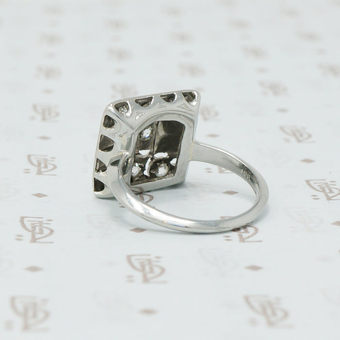 art deco square white gold ring with diamonds back view