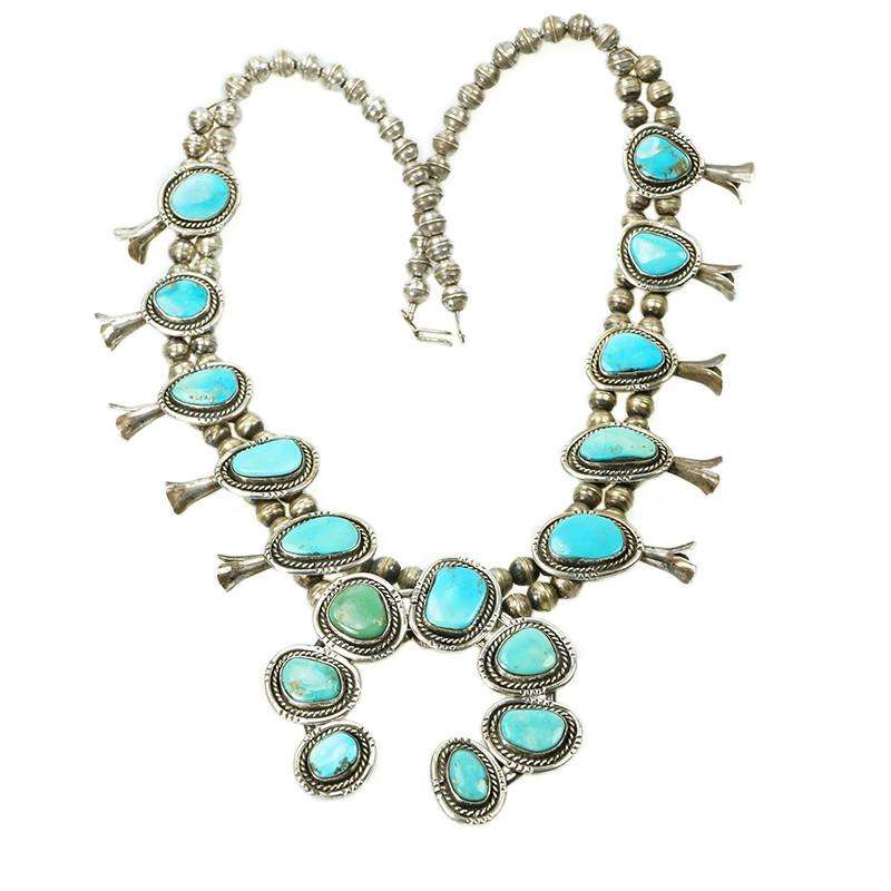 A Vintage Navajo Squash Blossom Necklace with Turquoise