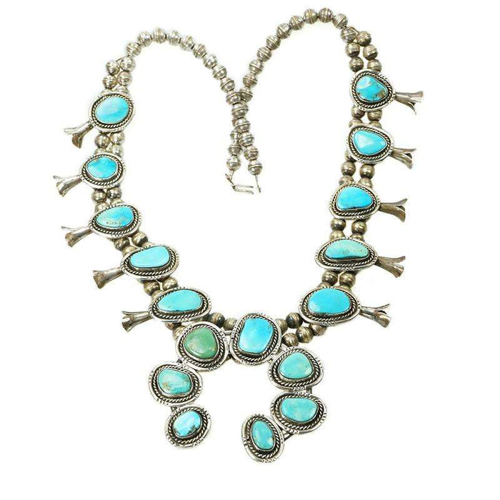 A Vintage Navajo Squash Blossom Necklace with Turquoise