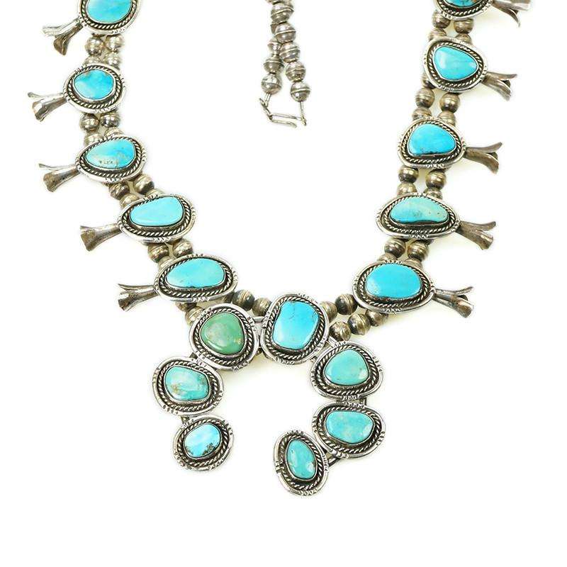 A Vintage Navajo Squash Blossom Necklace with Turquoise