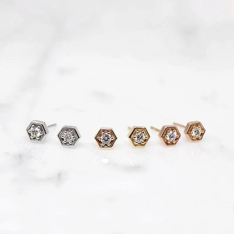 Tiny Diamond Hexagon Studs in Recycled Gold