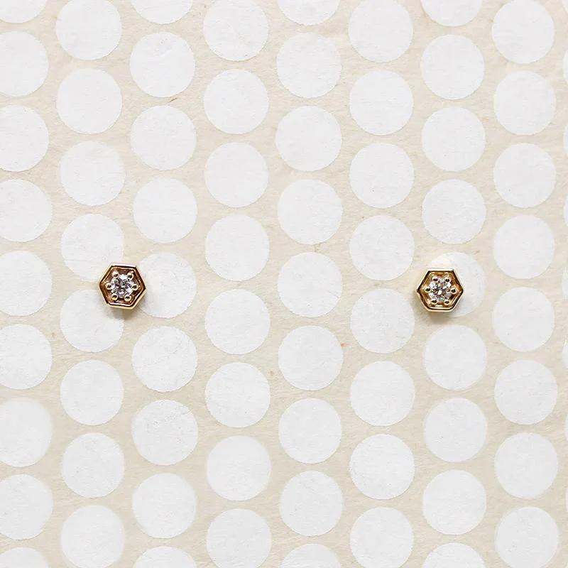 Tiny Diamond Hexagon Studs in Recycled Gold