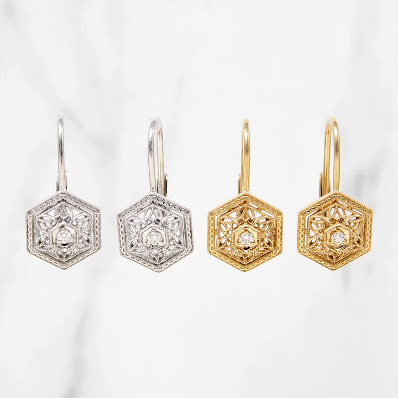 Filigree Hexagon Diamond Set Lever Back Earrings