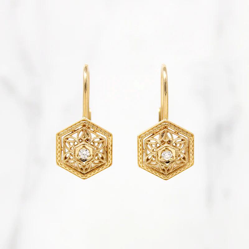 Filigree Hexagon Diamond Set Lever Back Earrings