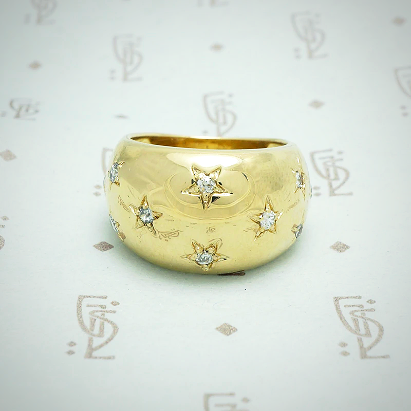 14k yellow gold shiny dome ring with star set diamonds