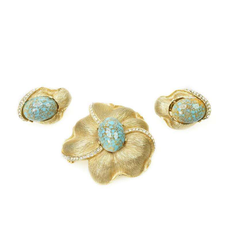 Goldtone and Faux Turquoise signed Star Pin & Earrings