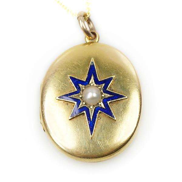 Yellow Gold Memorial Locket with an Enameled Pearl set Star