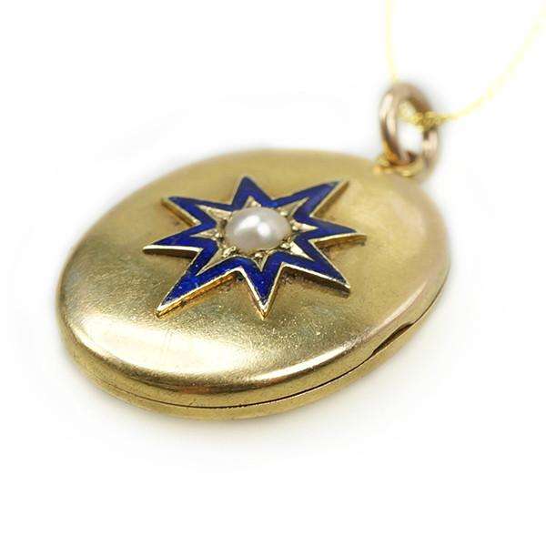 Yellow Gold Memorial Locket with an Enameled Pearl set Star