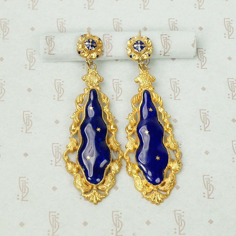 Starry Night Pinchbeck Enamel Earrings