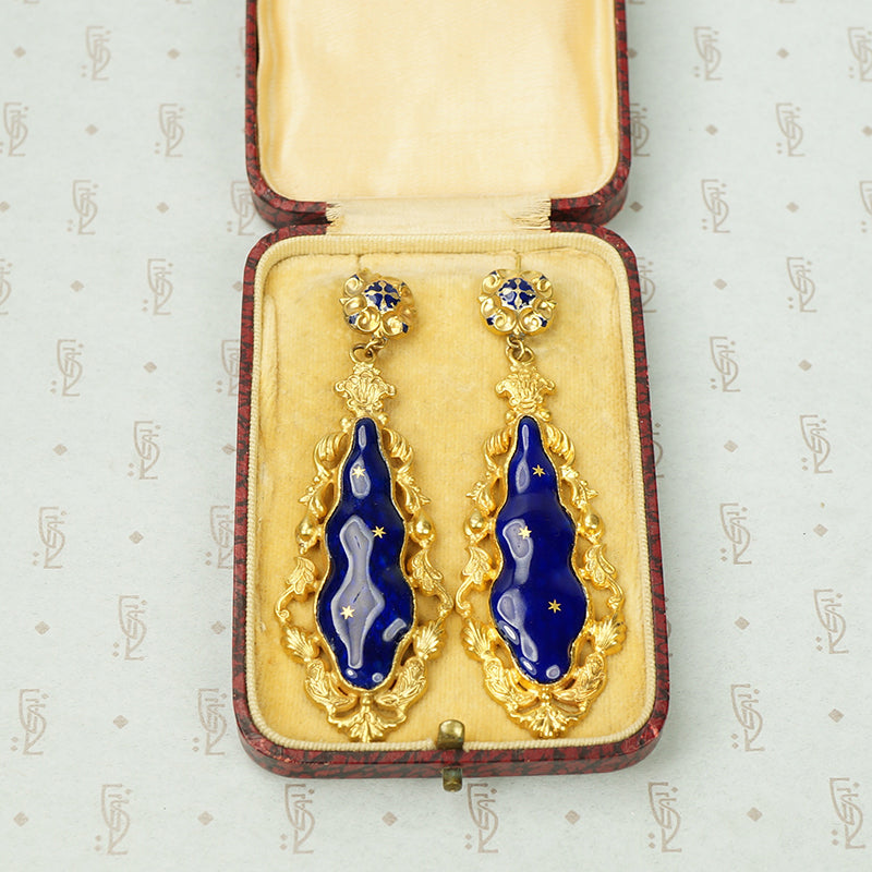Starry Night Pinchbeck Enamel Earrings