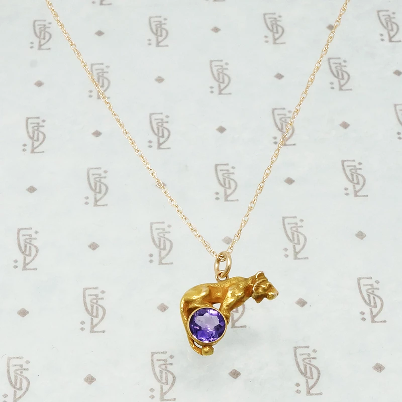 14k gold tiger on an amethyst ball necklace