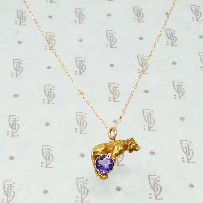 14k gold tiger on an amethyst ball necklace