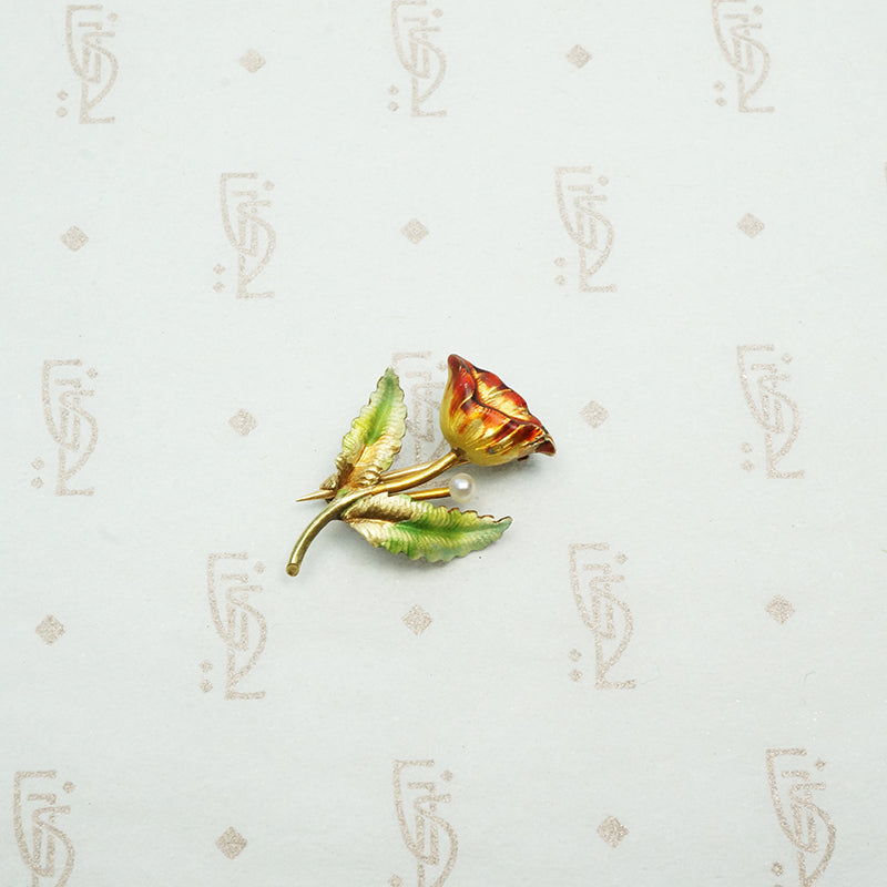 the tiniest luminous enamelflower brooch 14k with a wee pearl