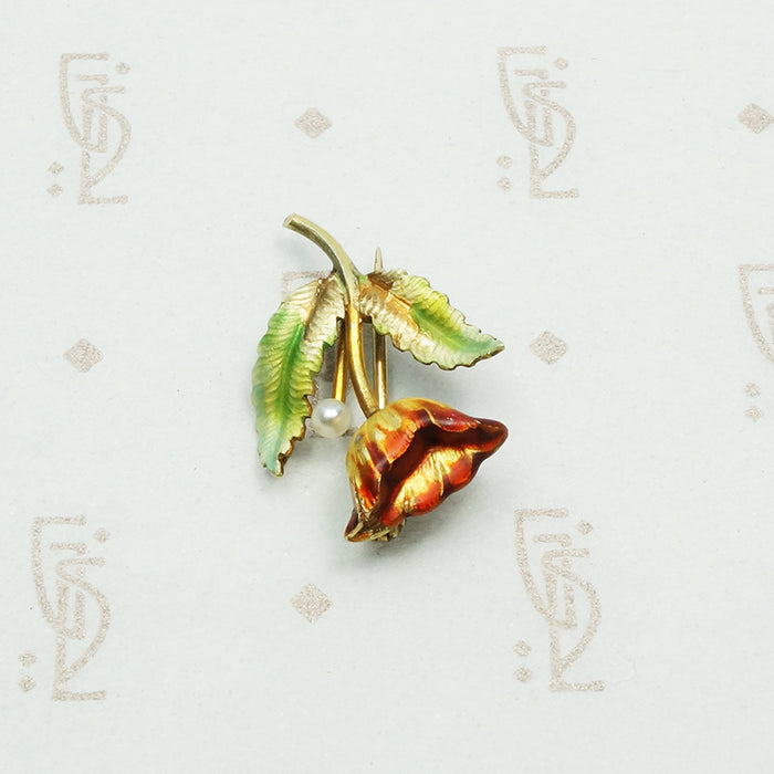 Wee Enameled Gold Art Nouveau Flower Brooch