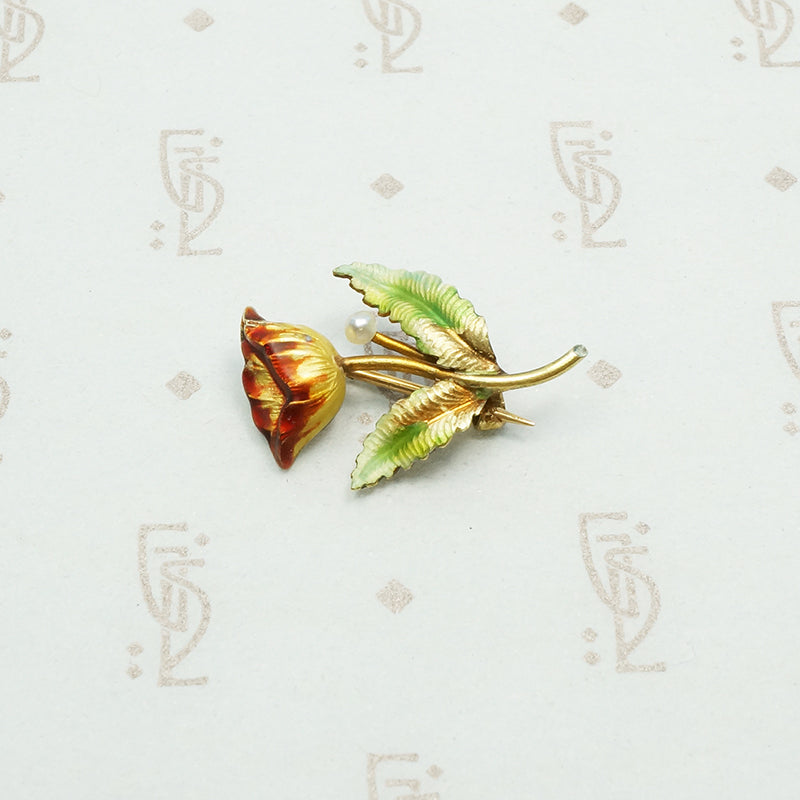 Wee Enameled Gold Art Nouveau Flower Brooch