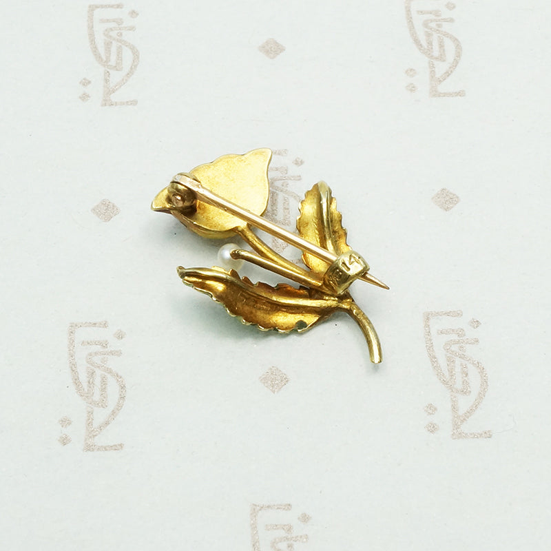 Wee Enameled Gold Art Nouveau Flower Brooch