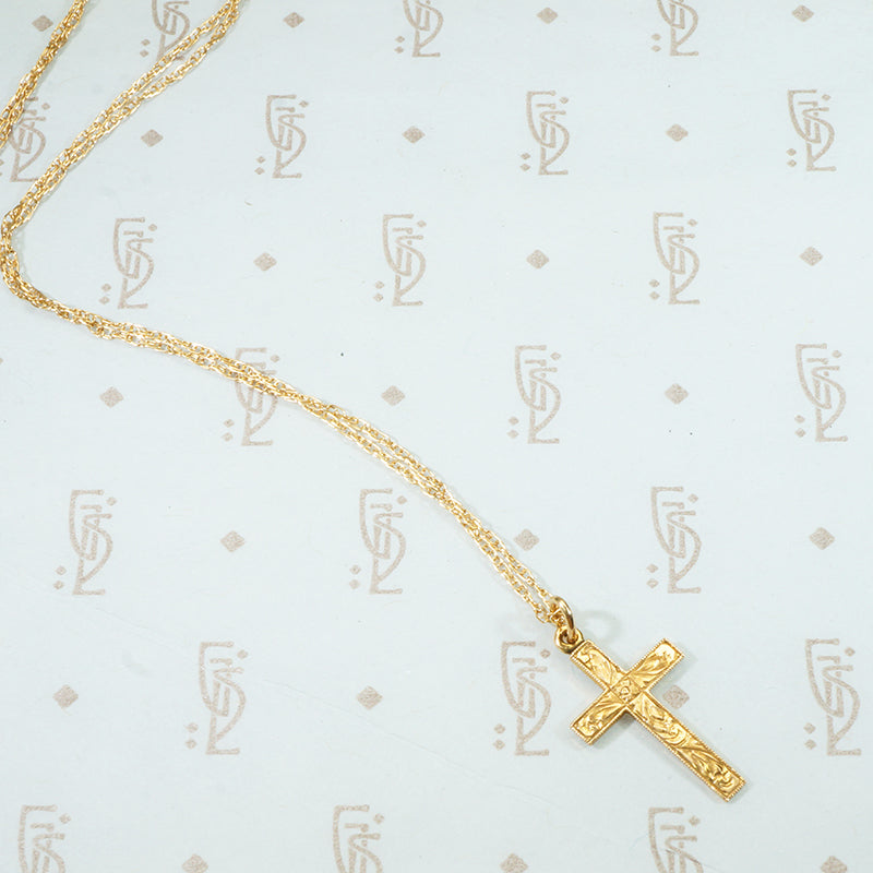circa 1910 10k yellow gold cross on chain with engraved floral desin