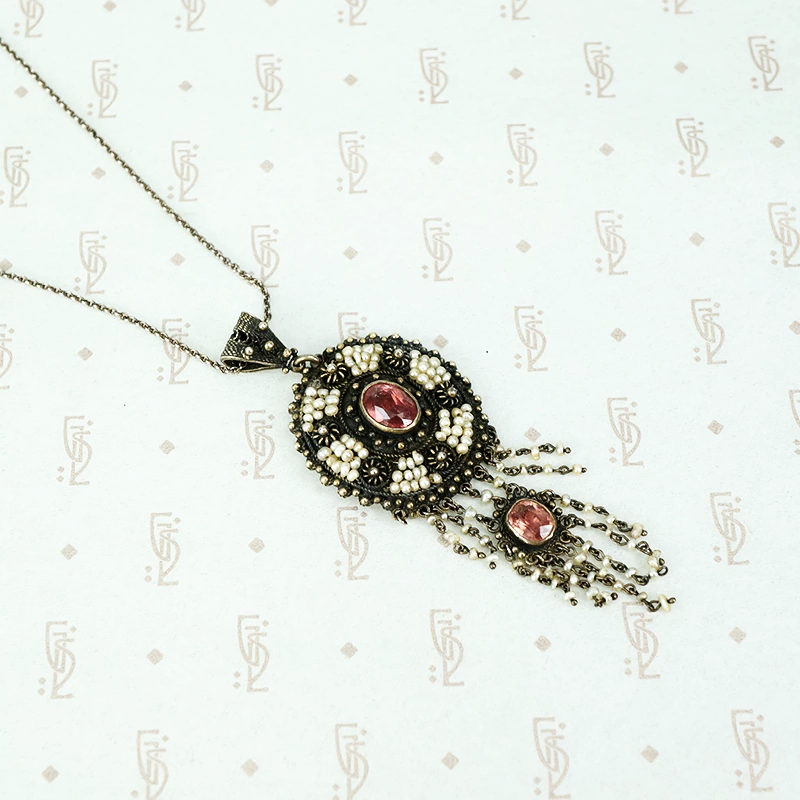 Antique Pink Tourmaline and Pearl Necklace