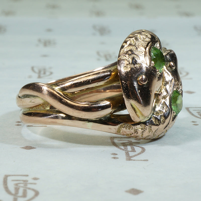 Green Garnet Set Double Snake Ring in Rose Gold
