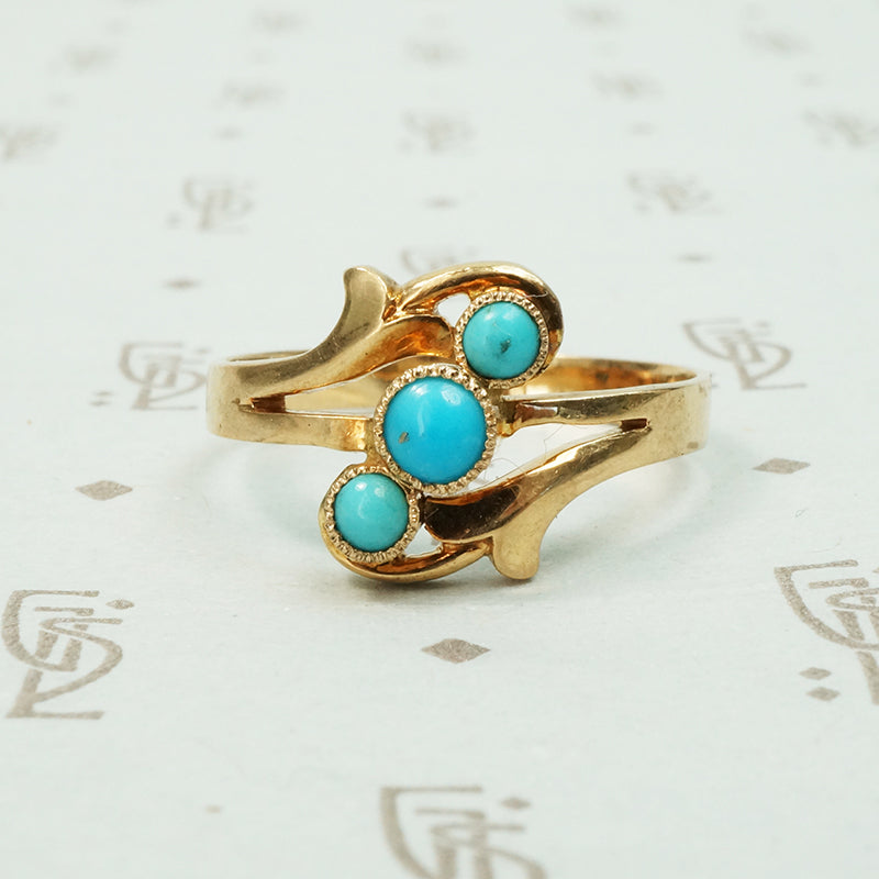14k rose gold hungarian ring set with 3 bright blue natural turquoise stones