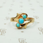 14k rose gold hungarian ring set with 3 bright blue natural turquoise stones