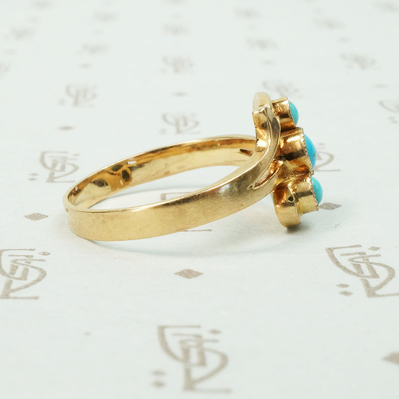 14k rose gold hungarian ring set with 3 bright blue natural turquoise stones