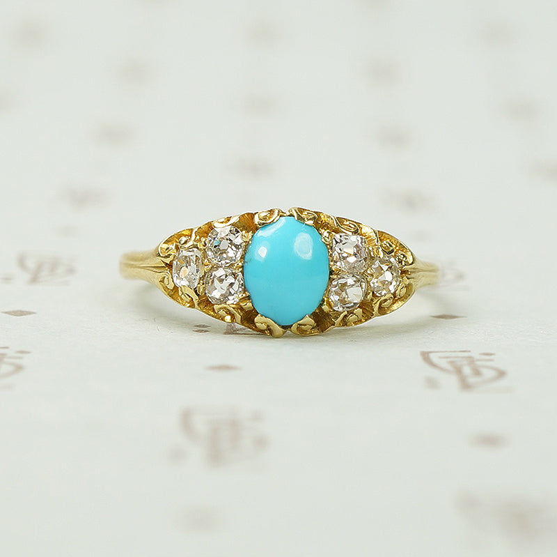 19thc Turquoise and Chunky Cushion Cut Diamond Ring