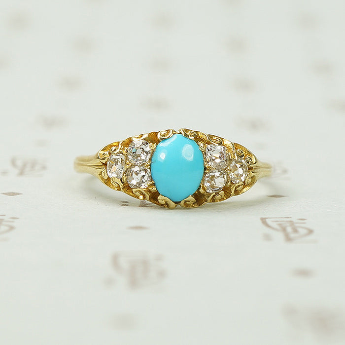 19thc Turquoise and Chunky Cushion Cut Diamond Ring
