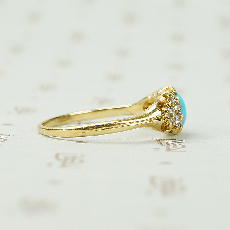 19thc Turquoise and Chunky Cushion Cut Diamond Ring