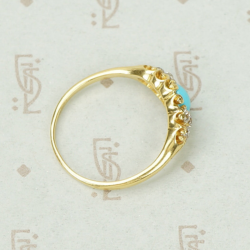 19thc Turquoise and Chunky Cushion Cut Diamond Ring