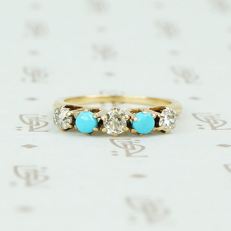 alternating diamond and turquoise band yellow gold prong setting